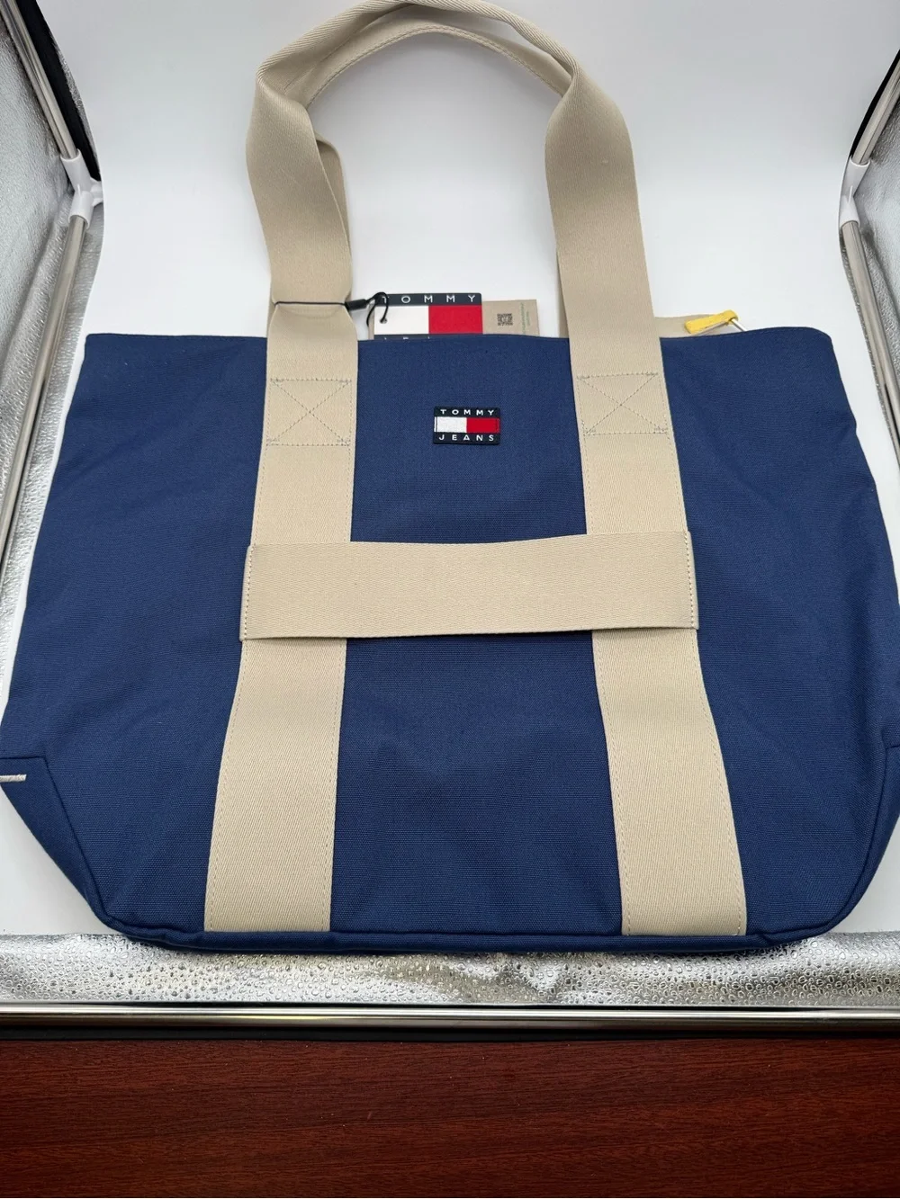 Unisex Tommy Hilfiger Navy Canvas Tote with Beige Straps